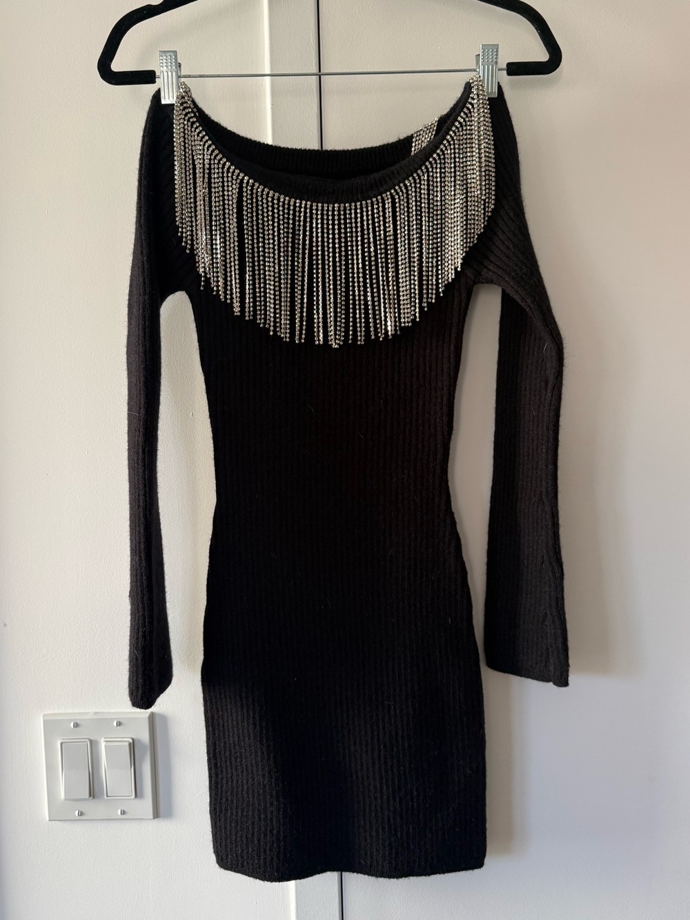 NWT Miss Selfridge Black Off-Shoulder Knit Dress with Crystal Fringe